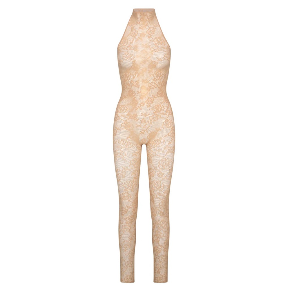 Skims Knit Lace Catsuit In Clay